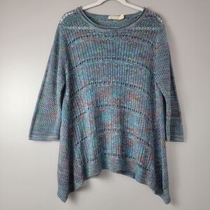 Faded Glory Womens Long Sleeve Round Neck Blue Multicolor Asymmetric Hem Sweater